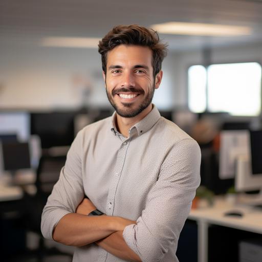 linkedin profile picture of a man 28 years old smiling with short beard Spaniard formal long sleeve white shirt in an office