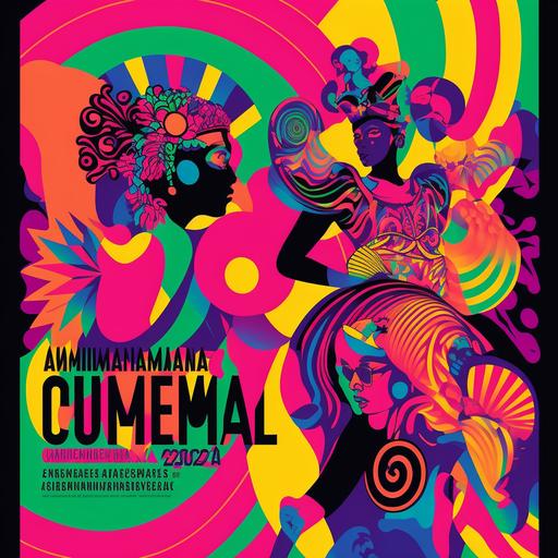 a poster with a vibrant and colorful design, featuring images of cumbia dancers in psychedelic attire, surrounded by swirling patterns and geometric shapes. The background could be a mix of bold, contrasting colors, such as hot pink and neon green --v 4