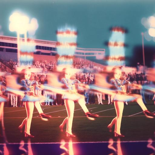 a vintage psychedelic double exposure photograph of the halftime show at a high school football game in south carolina --v 4