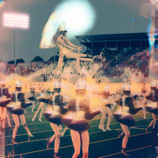 a vintage psychedelic double exposure photograph of the halftime show at a high school football game in south carolina --v 4