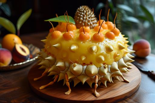 durian fruitcake with peach growing on the bottom and stick figure legs. Wazzup muhbadonkidook --ar 3:2 --v 6.0