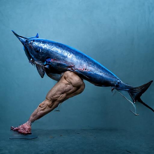 blue fin tuna with human body builder legs, hyper real