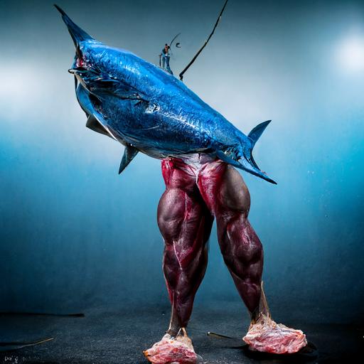 blue fin tuna with human body builder legs, hyper real