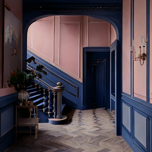 dusty rose colored walls and royal blue staircase. hallway interior shot. herringbone floor. white ceiling with cornices.