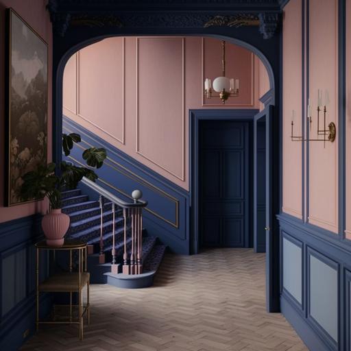dusty rose colored walls and royal blue staircase. hallway interior shot. herringbone floor. white ceiling with cornices.