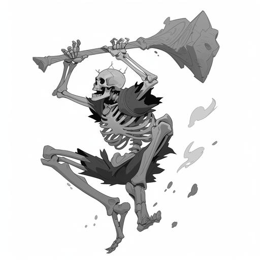 dusty skeleton jumping into the air, holding a battle-axe, cartoon style, vector illustration, dark strokes, strong lines, white background, black and white, woodblock illustration, king of spades:: --s 200 --niji 5 --style expressive