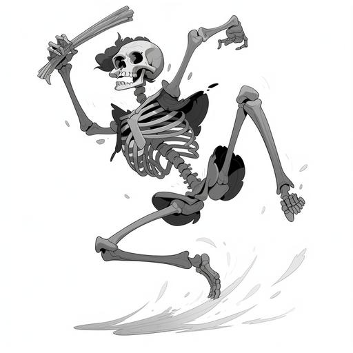 dusty skeleton jumping into the air, holding a battle-axe, cartoon style vector illustration, dark grey strokes, strong lines, white background, black and white woodblock illustration:: --s 200 --niji 5 --style expressive