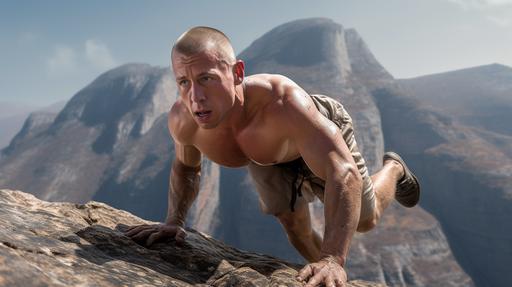 dutch angle photograph of a sweat-dripping george st-pierre doing extreme calisthentics in the mountains getting ready for his next big fight, 8k, hyper realistic, photorealistic, --ar 16:9 --no blood
