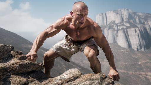 dutch angle view of a sweat-dripping george st-pierre doing extreme calisthentics in the mountains getting ready for his next big fight, photorealistic, --ar 16:9 --no blood
