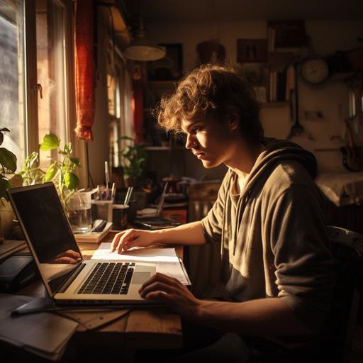dutch music student writing his new composition in his student house in sofia, bulgary