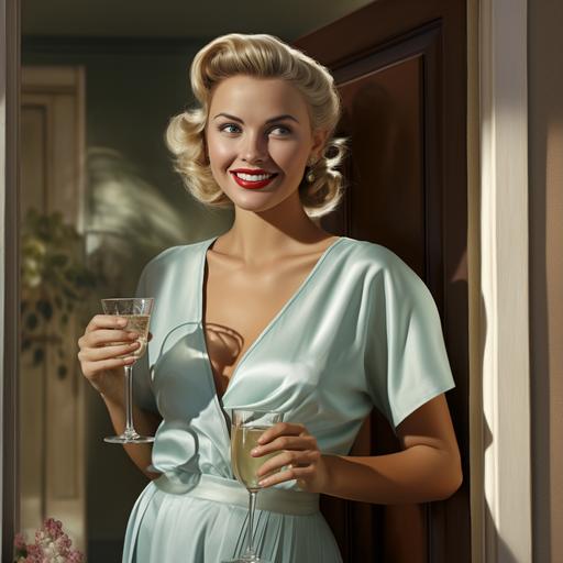 dutiful 1950s blonde smiling wife , holding cocktail, waiting at front door for her husband to return home, hyper sharp, Hyper Realistic Photography, Cinematic, Cinema, Hyperdetail, Ultrahd, Color Correction, ultrahd