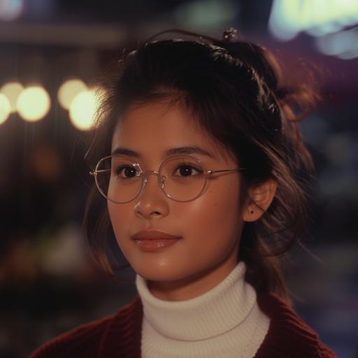 dvd screengrab from 1985 film, from a distance, head and torso, scene with 21-year-old Filipina, looking to the side, looking away, a messy bun, messy bun, glasses, wire-rim glasses, wearing a dark-red cardigan, white turtleneck, light makeup, shy expression, shy smile, standing outside cafe, holding umbrella, umbrella, night, city lights, cinematic lighting, volumetric lighting, 80s film grain, 70mm film, film grain --v 6.0