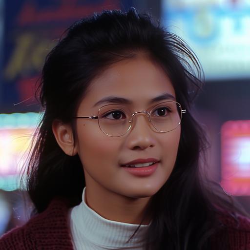 dvd screengrab from 1985 film, from a distance, head and torso, scene with 21-year-old Filipina, looking to the side, looking away, a messy bun, messy bun, glasses, wire-rim glasses, wearing a dark-red cardigan, white turtleneck, light makeup, shy expression, shy smile, standing outside cafe, holding umbrella, umbrella, night, city lights, cinematic lighting, volumetric lighting, 80s film grain, 70mm film, film grain --v 6.0