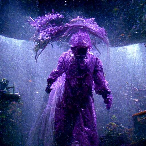 dvd screengrab of underwater scene from the movie jurassic park 1993, man wearing purple wedding dress as a villain