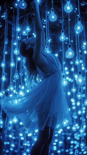 dynamic graceful dancer on a dark night surrounded by chalcedony blue sparkly fairy light bulbs, in the style of luminous landscapes, mori kei, installation-based, joyful celebration of nature, seapunk, luminous, shiny --ar 9:16 --v 6.0 --s 750