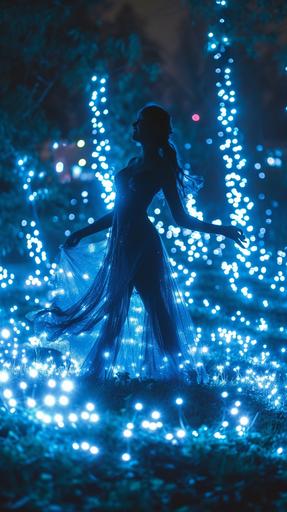 dynamic graceful dancer on a dark night surrounded by chalcedony blue sparkly fairy light bulbs, in the style of luminous landscapes, mori kei, installation-based, joyful celebration of nature, seapunk, luminous, shiny --ar 9:16 --v 6.0 --s 750