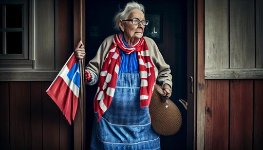 dynamic old swiss woman leaves her house dressed as a footballfan with flag and fanscarf, colors red and blue, funny --ar 16:9 --upbeta --v 4