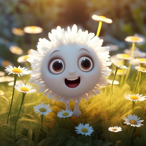 dysney pixar style- funny small daisy white with a mouth and very nice eyes-delicate petals-gliters-behind there is very nice sun