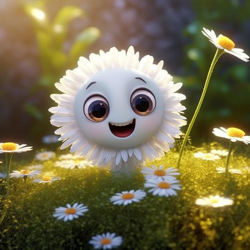 dysney pixar style- funny small daisy white with a mouth and very nice eyes-delicate petals-gliters-behind there is very nice sun