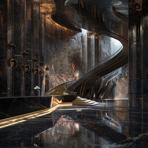 dystopian fantasy architecture inspired by dendrobium blossoms. Streamlined marble, smooth black ebony, smooth wood, iron materials. Well lit, massive. --style raw --v 6.0