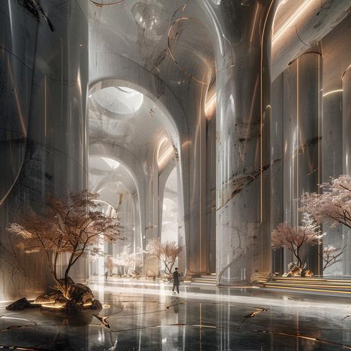 dystopian fantasy architecture inspired by dendrobium blossoms. Streamlined marble, smooth black ebony, smooth wood, iron materials. Well lit, massive. --style raw --v 6.0