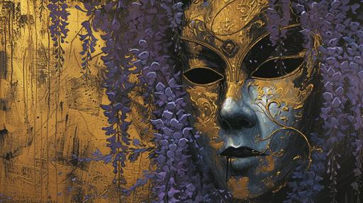 painting of wisteria firefly golden mask jester, iconic rock and roll imagery, grimcore, overexposure, wisteria and gold, occultism inspired --ar 16:9 --v 6.0