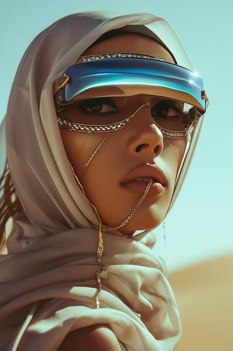 Dramatic shot of a futuristic Arab girl wearing a futuristic Hijab in the future year 2580, she is wearing facial jewelery, she is wearing futuristic AR glasses with blue lenses, Vogue editorial in desert, softbox lighting, Sony a7R IV camera, Meike 85mm F1.8 lens, she has a white python snake around her neck --ar 2:3  --v 6.0