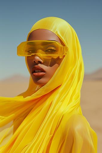 a futuristic Muslim Arab woman with a bright yellow 3D printed veil, she is wearing futuristic 3D printed AR goggles, dramatic posing, Vogue editorial in desert, fashion photography, wamr lighting --ar 2:3 --v 6.0