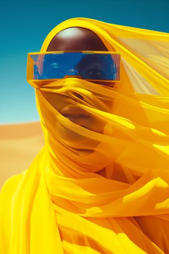 a futuristic Muslim Arab woman with a bright yellow 3D printed veil, she is wearing futuristic 3D printed AR goggles, dramatic posing, Vogue editorial in desert, fashion photography, wamr lighting --ar 2:3 --v 6.0