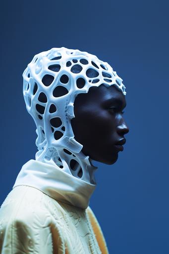 futuristic 3D printed organic shape headwear inspired by bone cell in fluorescent yellow, worn by an African male model that has albinism, is wearing , side view, photorealistic, fashion editorial photography, blue background --ar 2:3  --v 6.0