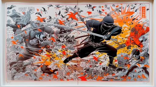 e-ukiyo cartoon ninja is on a rampage, tsujigiri cruel crimes as illustrated in the style of e-ukiyo, original celluloid lithograph origin 1863 from Japan --sref  --ar 16:9 --v 6.0 --no closeup, portrait, mickey mouse, mouse ears, disney