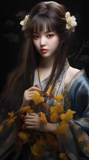 [e586599ff] straight hair, Refined, Exquisite face, Classy, Model, Chinese Hanfu, Satin, bangs, flower on head, longeyelashes, Dragon, Hyperrealism, 3D rendering, Medium Long Shot --v 5.2 --ar 9:16 --c 0