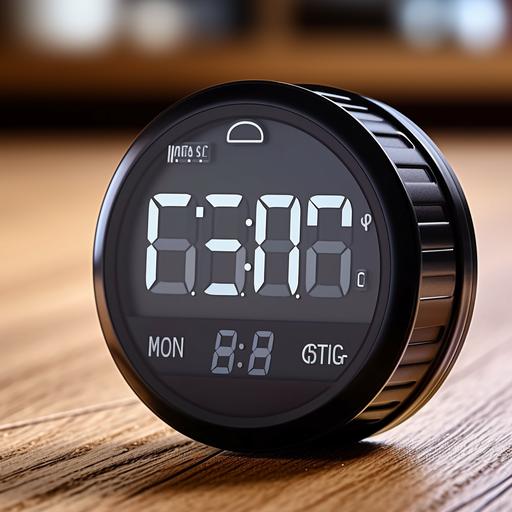 eCommerce product image for an online store, the product is a black digital timer, laying on a hardwood computer desk, --no mockup