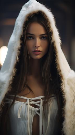 [ea5dcd381] A cinematic scene in the style of Jordan Cronenweth, beautiful young medieval cyberpunk woman, Inka Williams wearing white medieval clothes, white fur lined hood, cloaked, hogsmeade, evocative, expressive, fashion shoot, fashion model aesthetic, dansaekhwa, dark symbolism, classical, historical genre scenes, captivating portraits, uhd image --v 5.2 --ar 9:16 --c 0