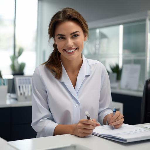 hyper realistic photo of a smiling woman who is a corporate account managing a clinic, loocking down at paperwork in her hands, backgound white sterile feel