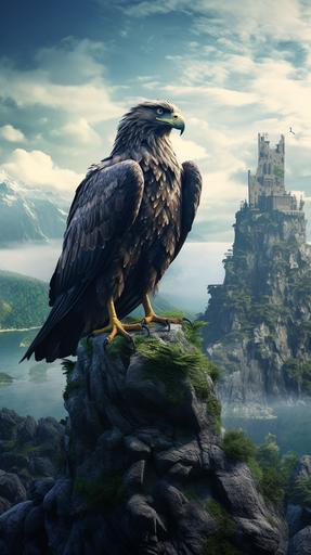 a majestic eagle sitting proudly, looking in the camera, depict the desolate island where Alaric and his crew arrive, shrouded in mist and mystery, with ancient ruins and hidden traps awaiting discovery, realistic, epic, 8K, --ar 9:16