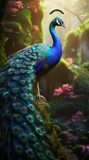 a majestic peacock spread wings in a dead, scarcity jungle, realistic, epic, 8K, --ar 9:16