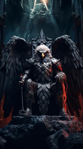 a majestic spartan looking eagle, sitting proudly, head up on throne with his sword. His helmet is on the floor. Cave background, Realistic, epic, 8K, --ar 9:16