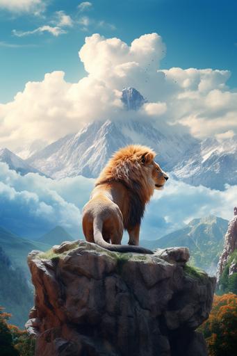 two big mountains, a little lion cub looking at the mountains from a distance, epic, realistic, --ar 2:3