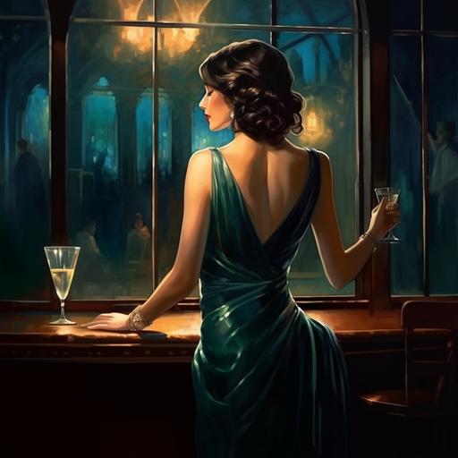 1920s speakeasy girl at bar wearing a teal dress holding a martini glass facing backward, painting style
