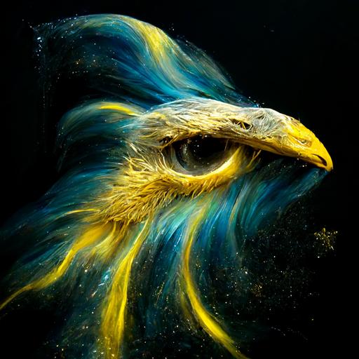 eagle flying foam, galaxy up scale, yellow crystal eye, texture, fiying magical waves, hyper real, black background,