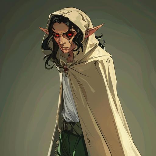 ear covered, Elf 30 years old, black hair, red eye pupil, beige cloak with hood, white shirt, green pant, apathetic expression, d&d style --no beard