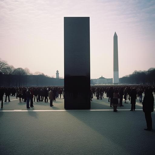 early in the morning; a black rectangular monolith (from 2001: A Space Odyssey) stands in the middle of Washington D.C.; the monolith's dimensions are 1 foot wide by 4 feet wide by 9 feet tall; thousands of curious people surround the monolith; 2025; photograph; in color; Hasselblad; --v 5.1 --s 1000