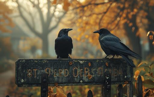 early morning, two crows perched on a split rail fence. include hand-painted street sign. shot on Sony α7 III camera, equipped with an 8mm lens, shot in high resolution, stunning hyper realism, --ar 8:5 --style raw --stylize 750 --v 6.0