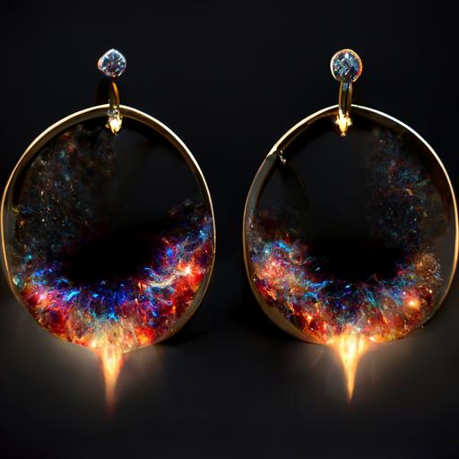 earrings jewelry with diamonds, shape of quasar supernova realistic, 3d