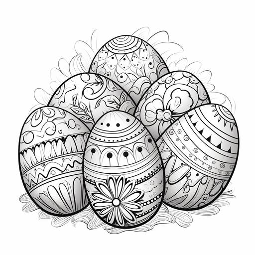 easter eggs, cartoon style, coloring book for kids, black and white, no shadows, no grayscale