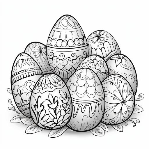 easter eggs, cartoon style, coloring book for kids, black and white, no shadows, no grayscale