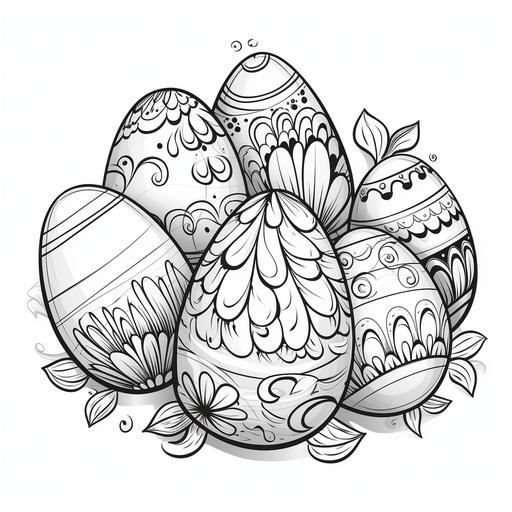 easter eggs, cartoon style, coloring book for kids, black and white, no shadows, no grayscale