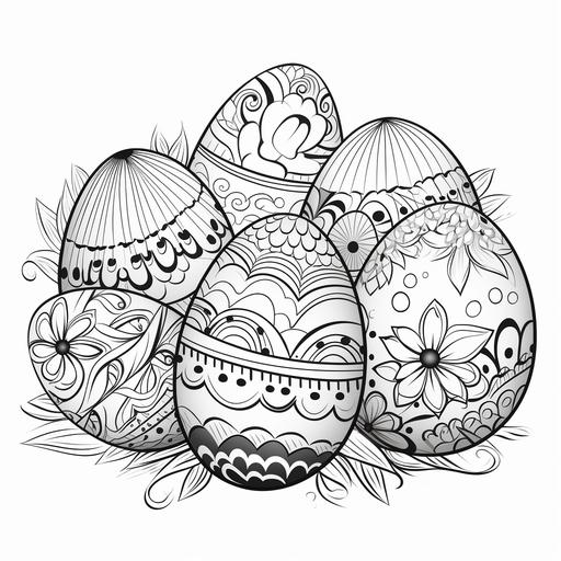 easter eggs, cartoon style, coloring book for kids, black and white, no shadows, no grayscale