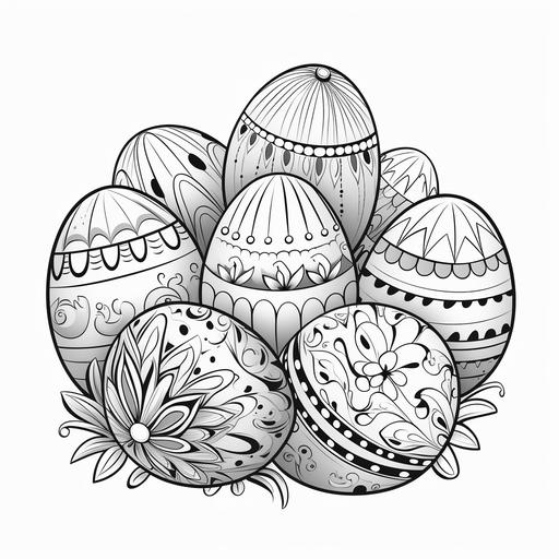 easter eggs, cartoon style, coloring book for kids, black and white, no shadows, no grayscale